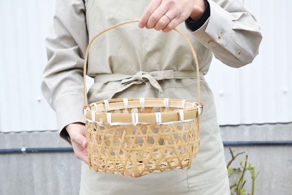 竹の収穫かご 青竹 六ツ目編み 六角 一本手 S 竹籠