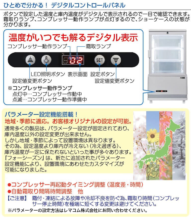 レマコム 4面ガラス冷蔵ショーケース フォーシーズン 卓上・小型 63L