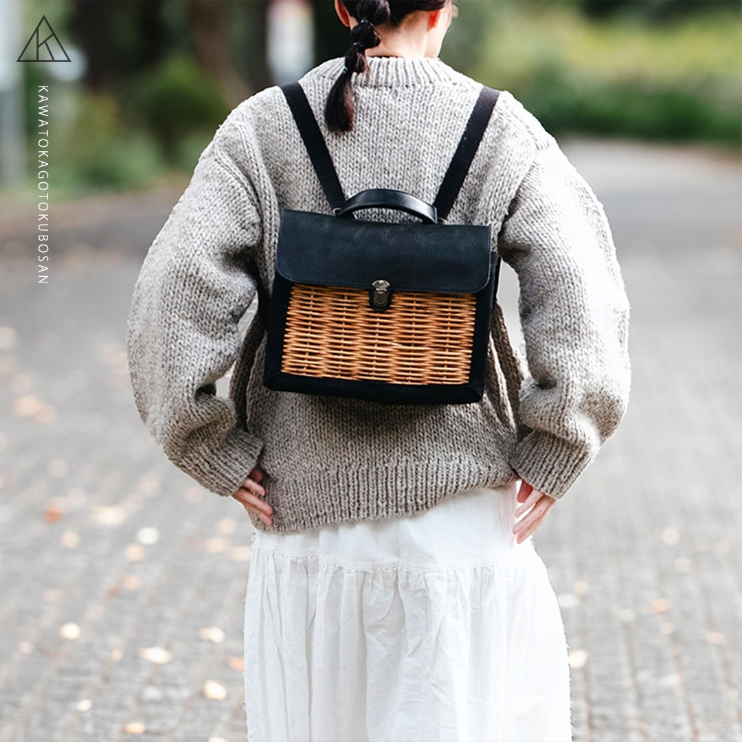 新仕様モデル）3wayで使える革とカゴのリュック【革とカゴとクボ