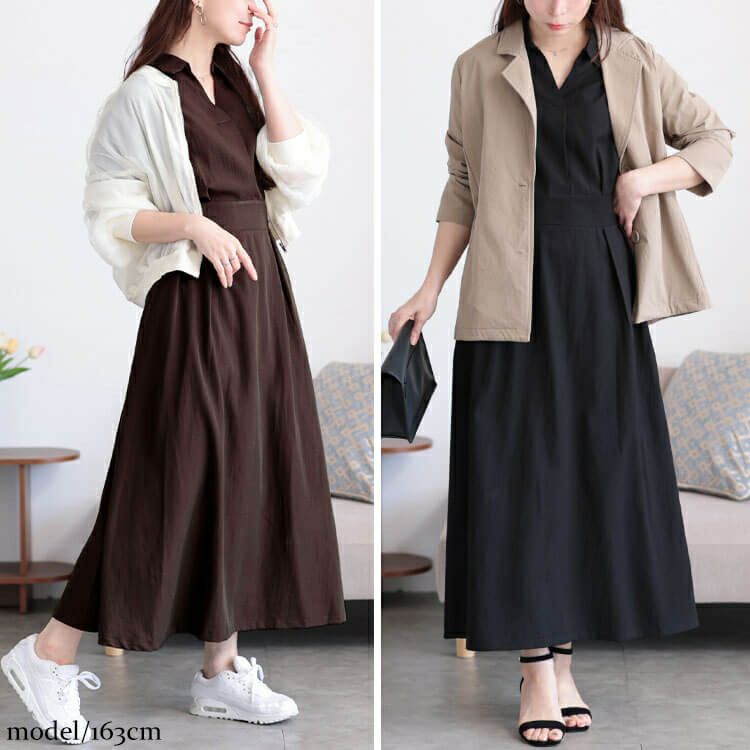 大きいサイズ レディース ウエストタックスキッパー襟ワンピース maru