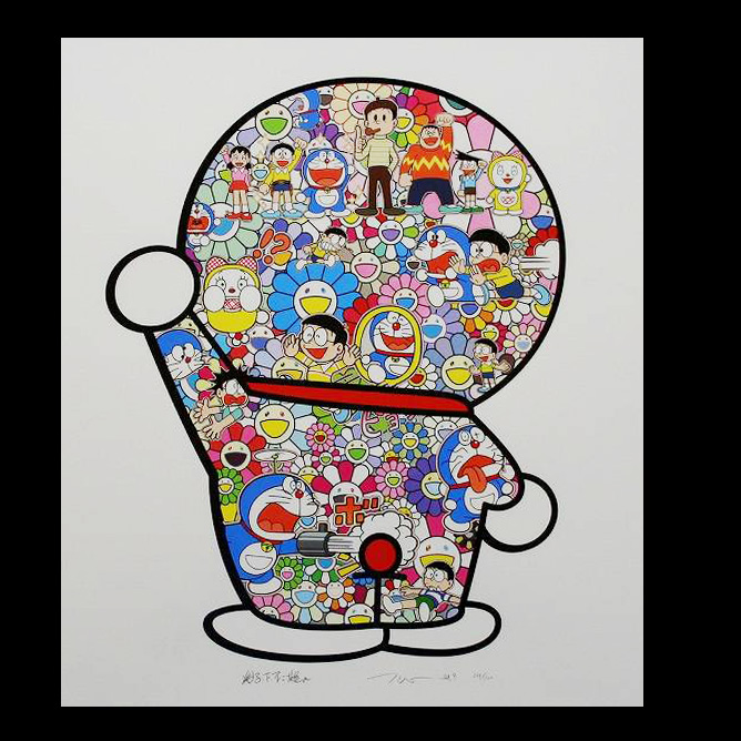 村上隆 藤子F不二雄先生とドラえもんがお花畑に居る | 美濃和紙・掛軸