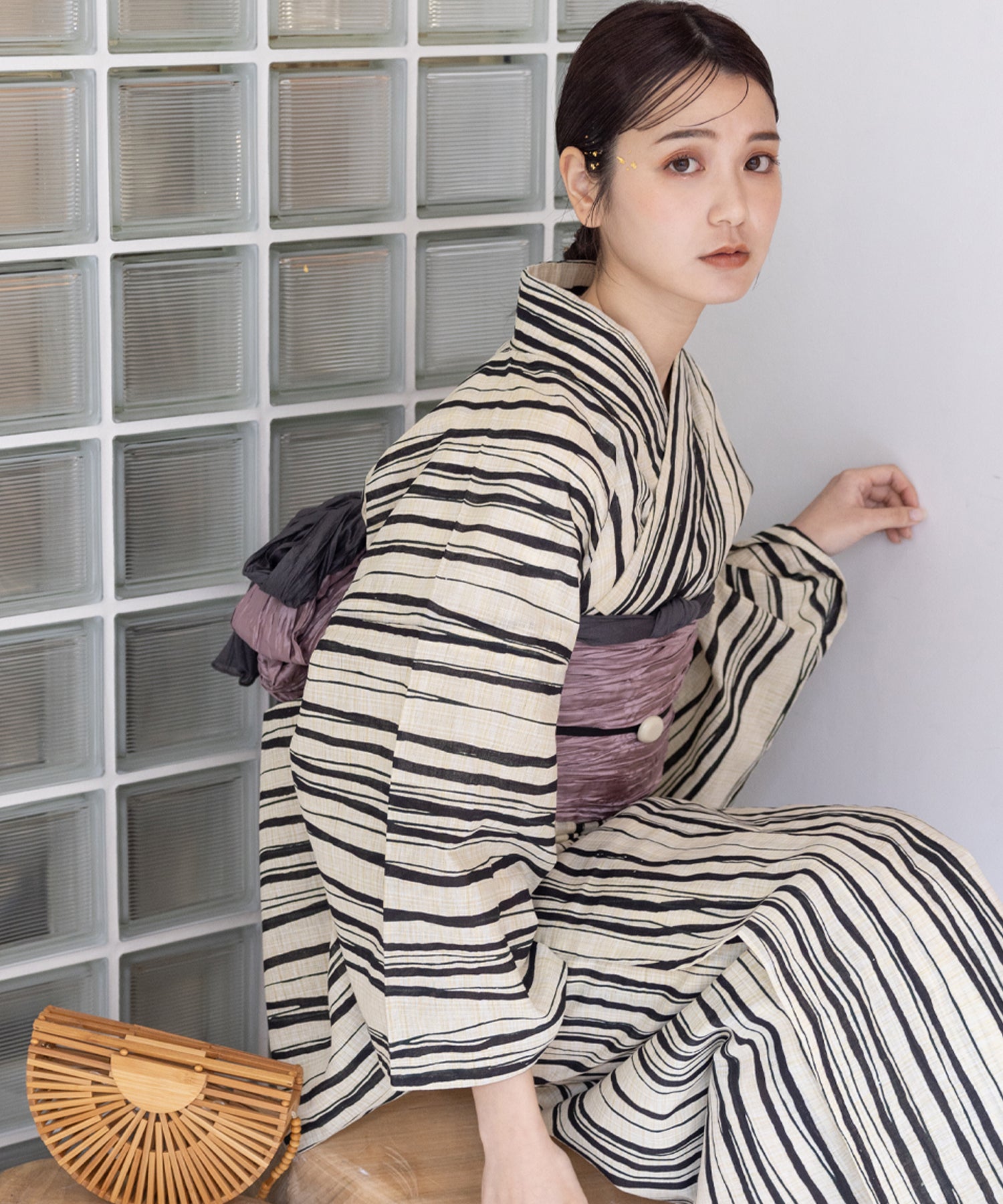 こだわり浴衣5点セット (浴衣/帯/下駄/腰紐/着付け冊子) 麻混 綿麻 先