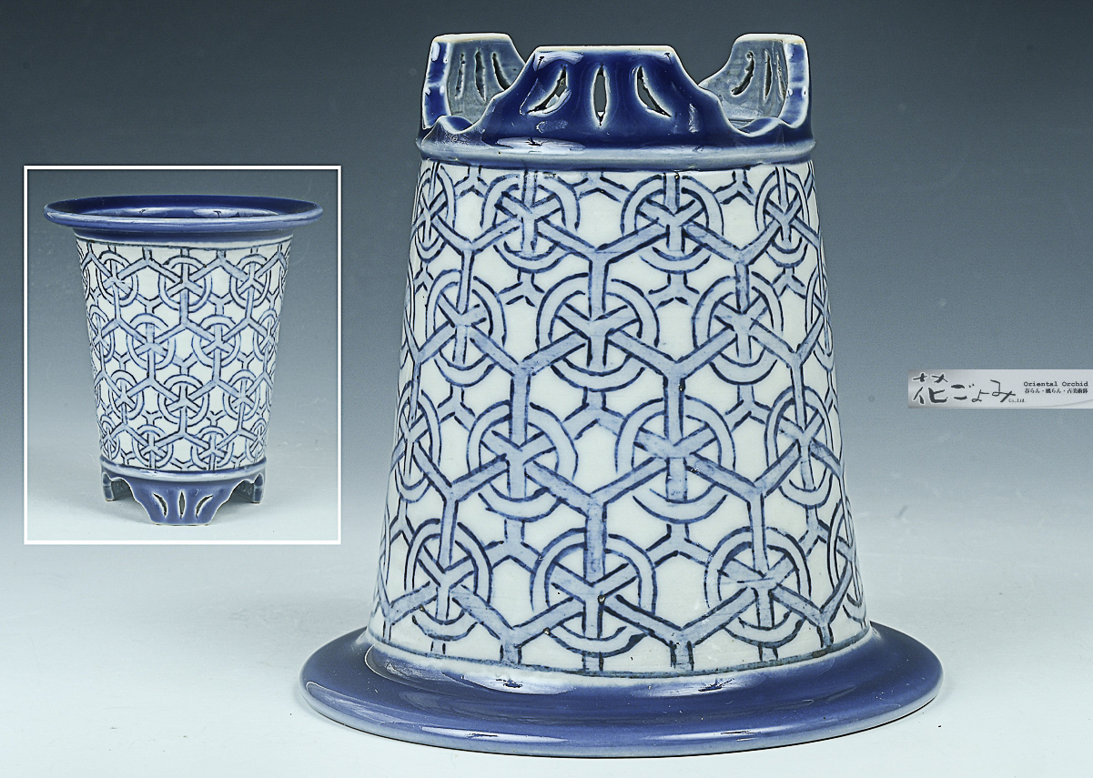 けやき鉢・故三橋俊治氏作【染付瑠璃釉重ね亀甲輪文鉢】箱書き入り共箱