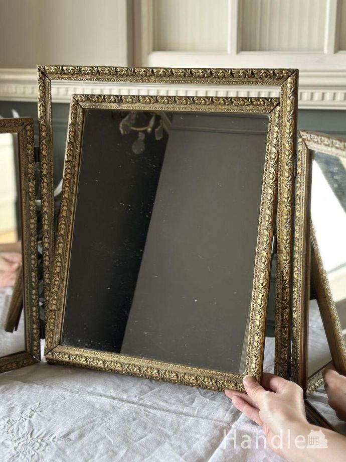 フランスから届いた華やかな三面鏡、アンティークのスタンドミラー(m