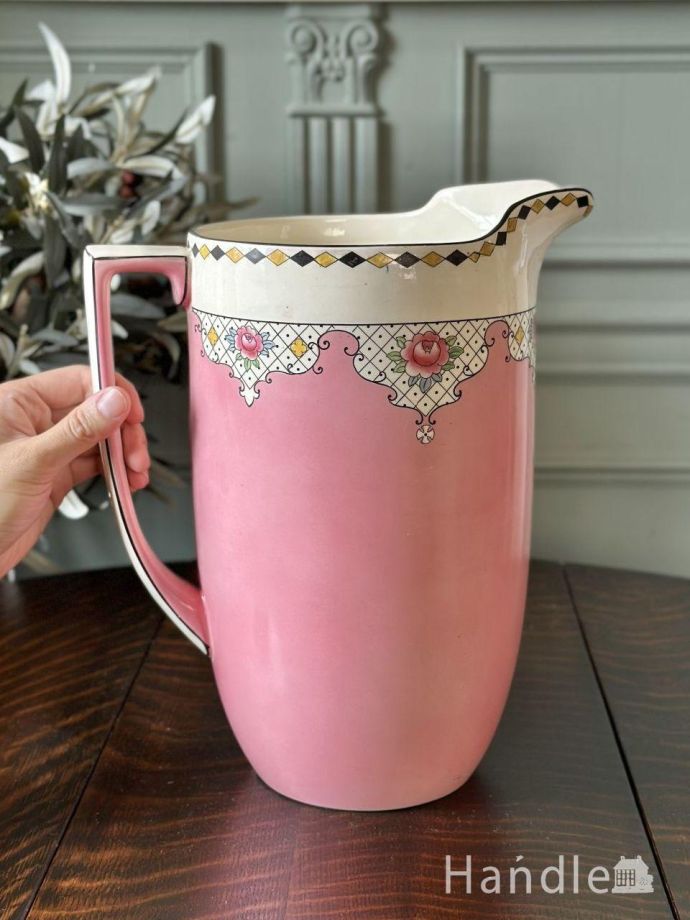 フランスアンティークホーロー薄ピンクツバメと小花柄バンドペイント