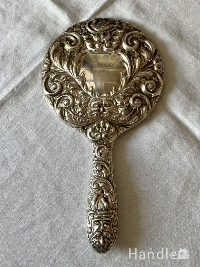 英国から届いたアンティークの手鏡、装飾が美しいハンドミラー(h-1114