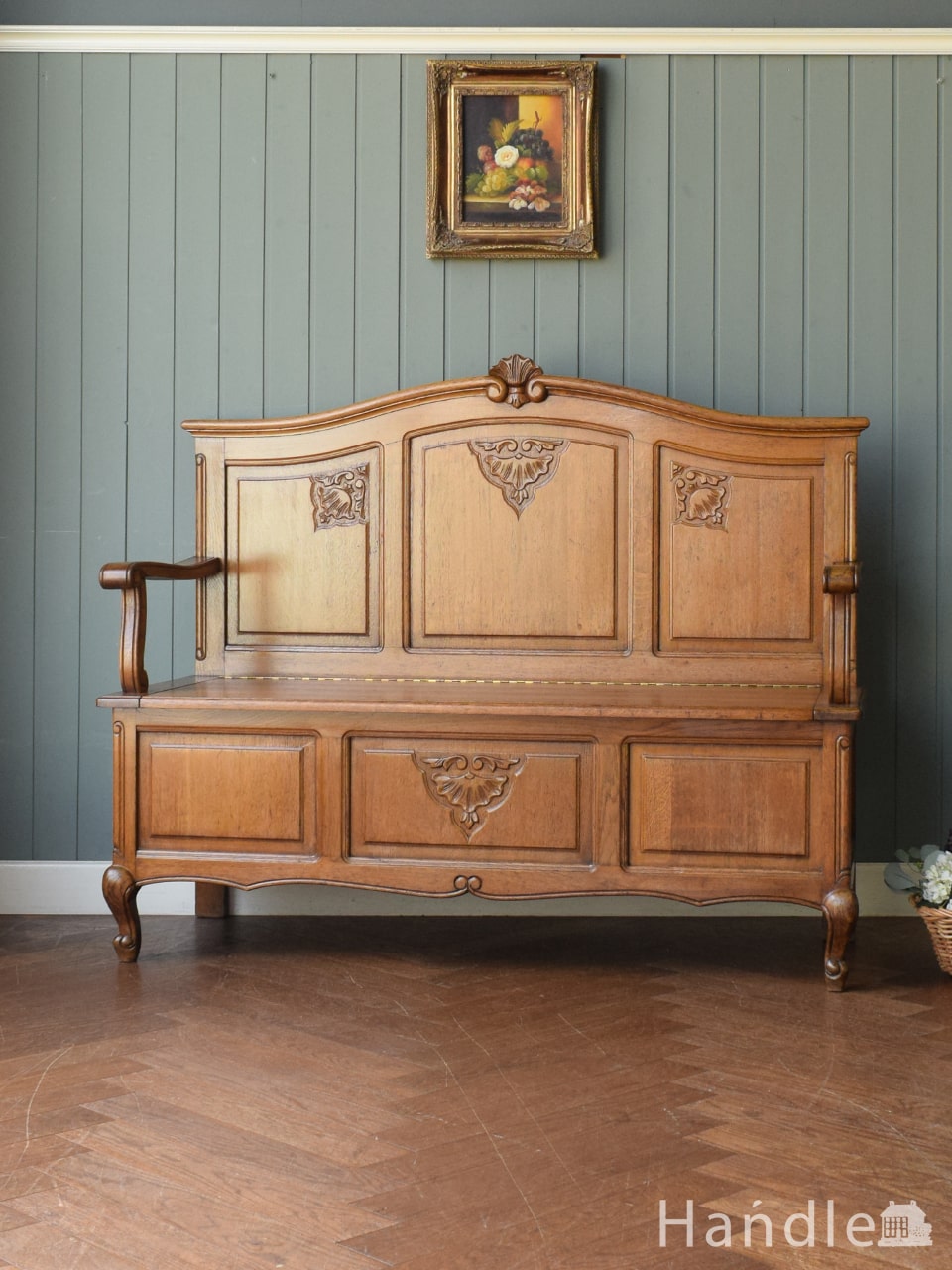 アンティークのおしゃれな2人掛け椅子、マホガニー材のホールソファ