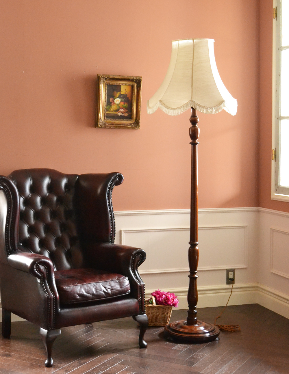 イギリスのアンティークスタンド照明、布シェードのフロアランプ(k