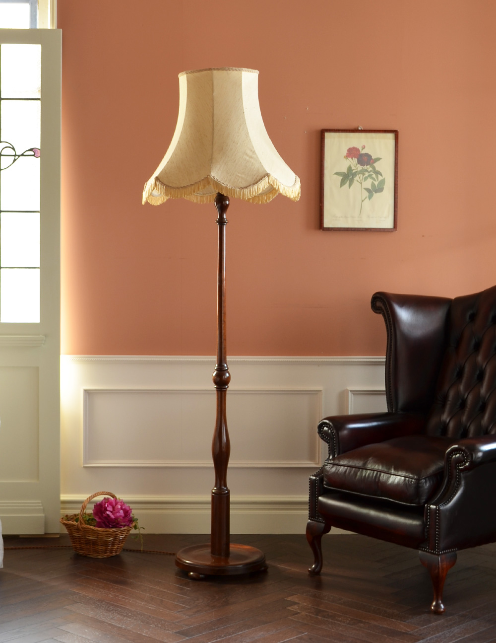 イギリスのアンティークスタンド照明、布シェードのフロアランプ(k