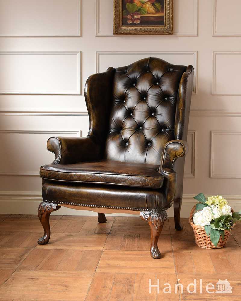 アンティークの一人掛け革張りソファ、カッコいいチェスターフィールド