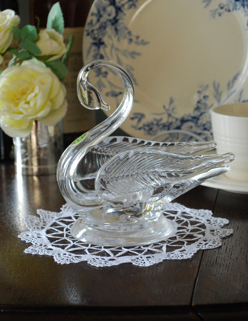 クリアガラスの美しいガラスのスワン（白鳥）のオブジェ、アンティーク