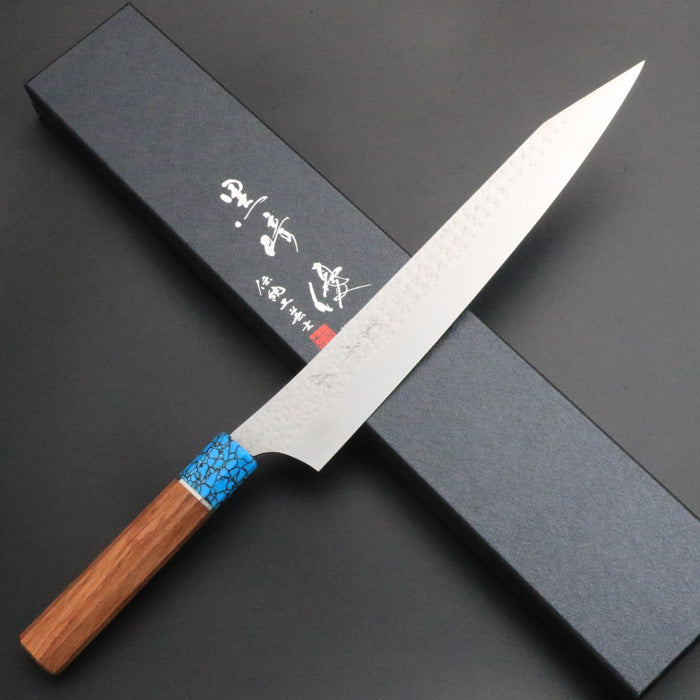 黒崎優 「閃光・鋭」筋引き包丁 270mm ウエンジ柄ターコイズ桂 – HAGAKURE