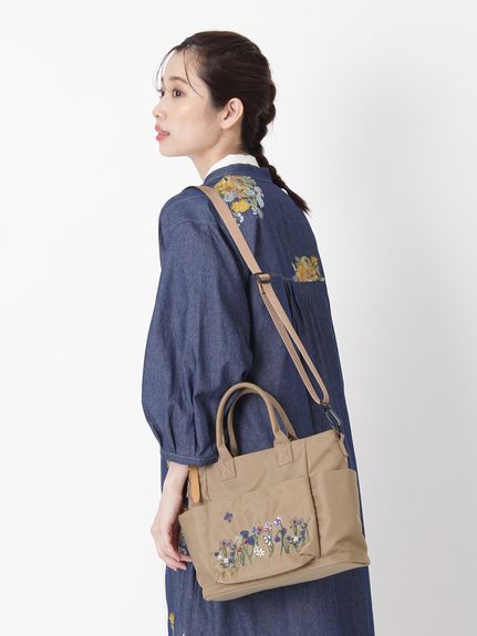 glanta」フローラルハーモニー刺繍スクエアトートショルダーバッグ