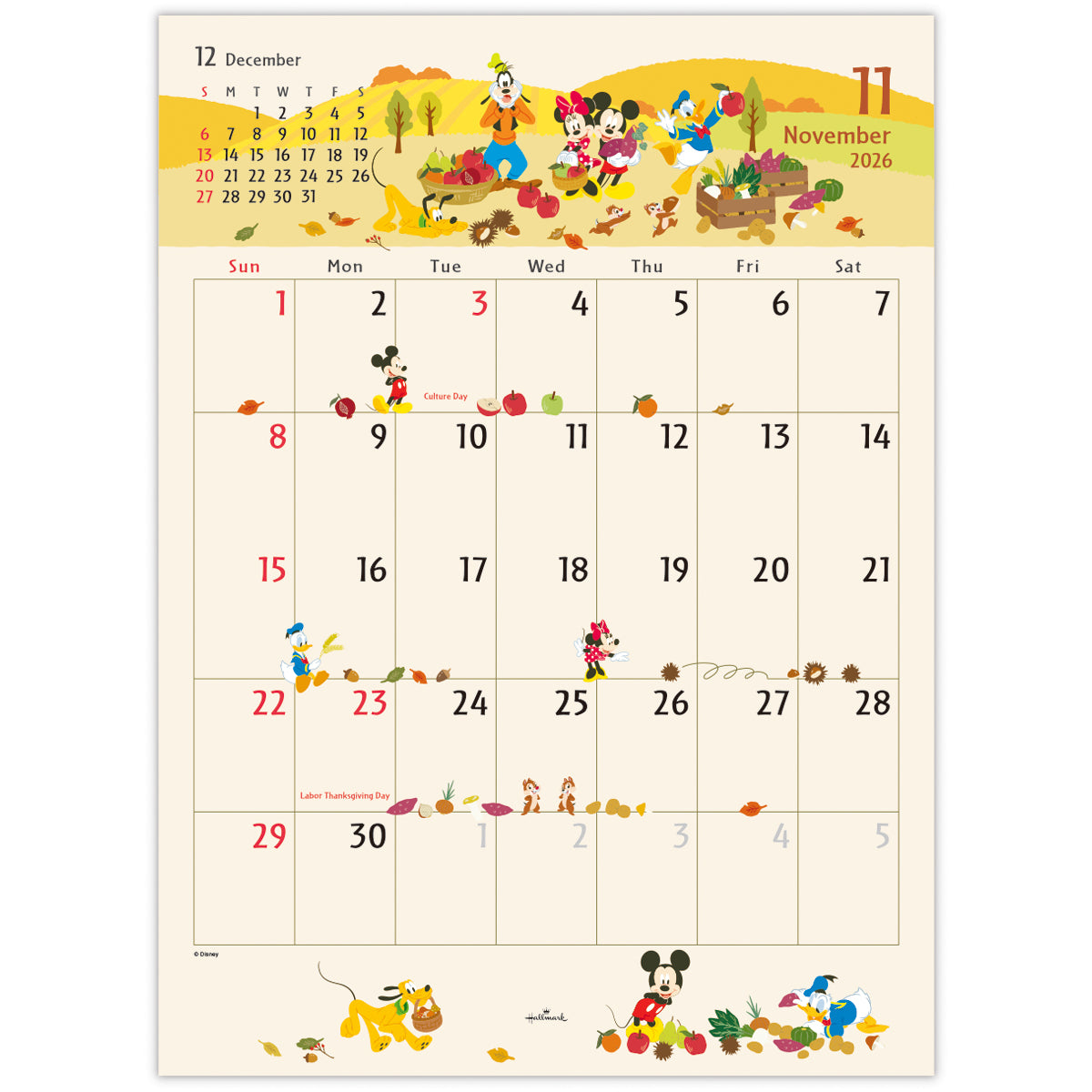 ディズニー ミッキーマウス【壁掛け｜二つ折りカレンダー大 2026】日本