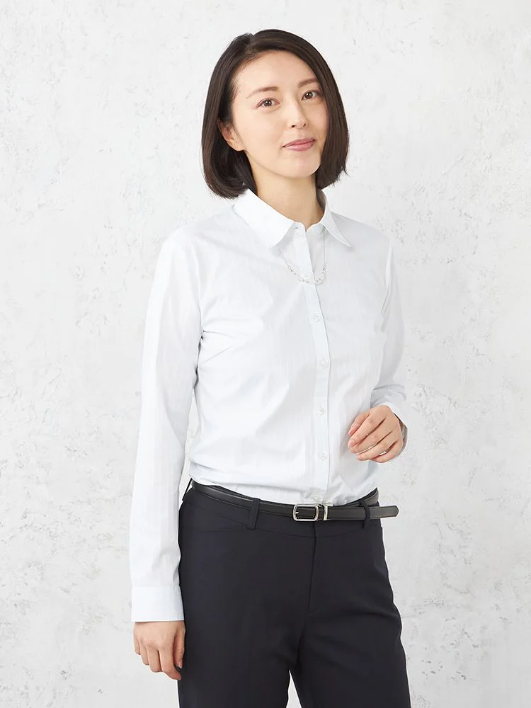 サックス 【形態安定】ブラウス 長袖 9分袖 キーネックブラウス