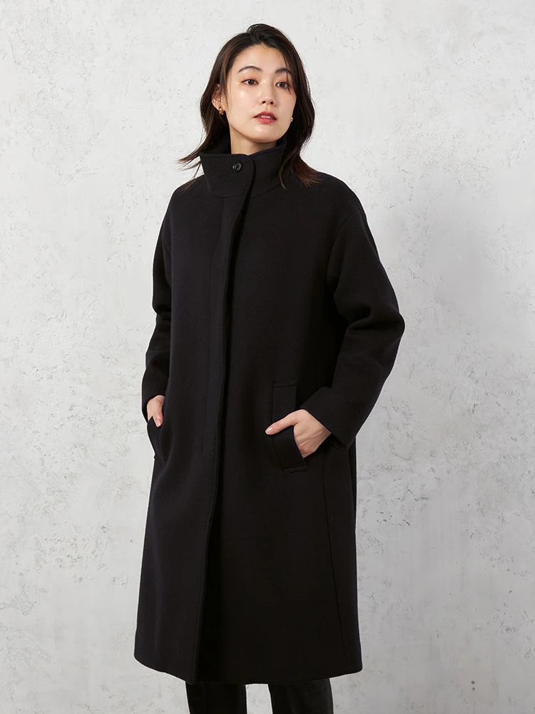 ネイビー 【MANTECO】スタンドカラーコート ウール混 インポート素材