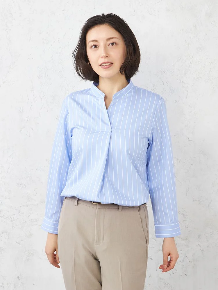 サックス 【形態安定】ブラウス 長袖 9分袖 キーネックブラウス