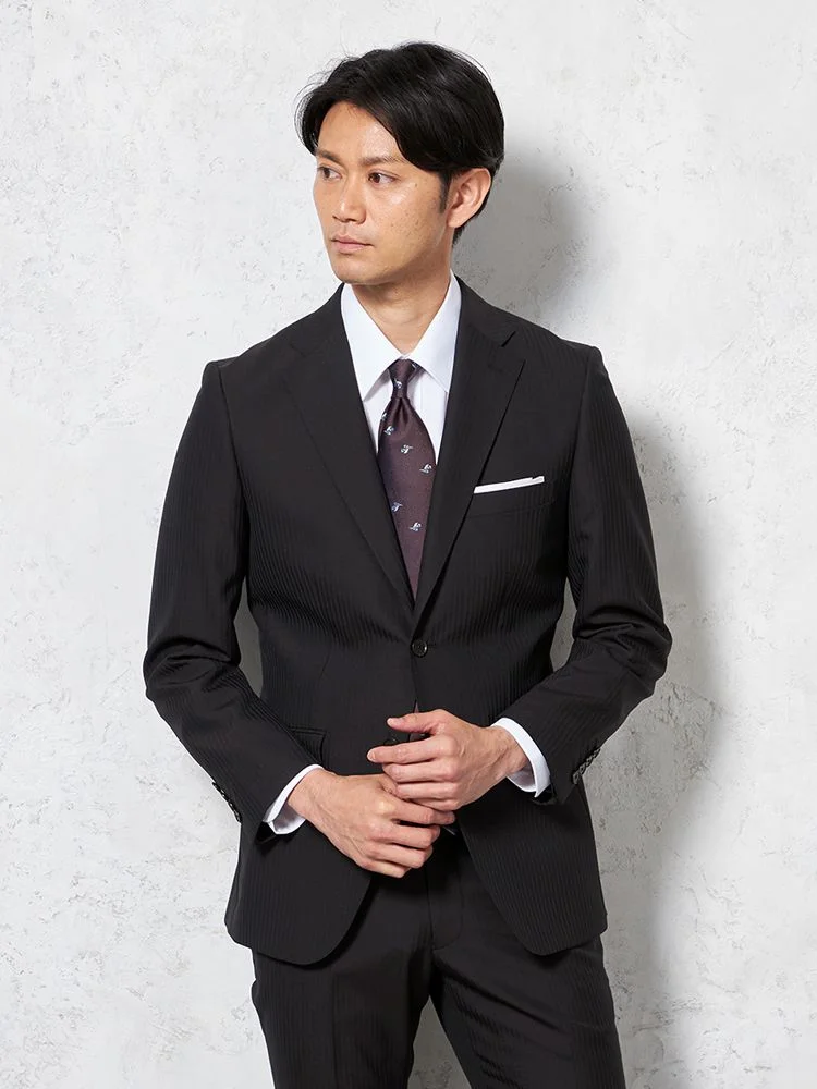 ウール100％】スーツ 2つボタン イタリア製生地 ブラック シャドウ