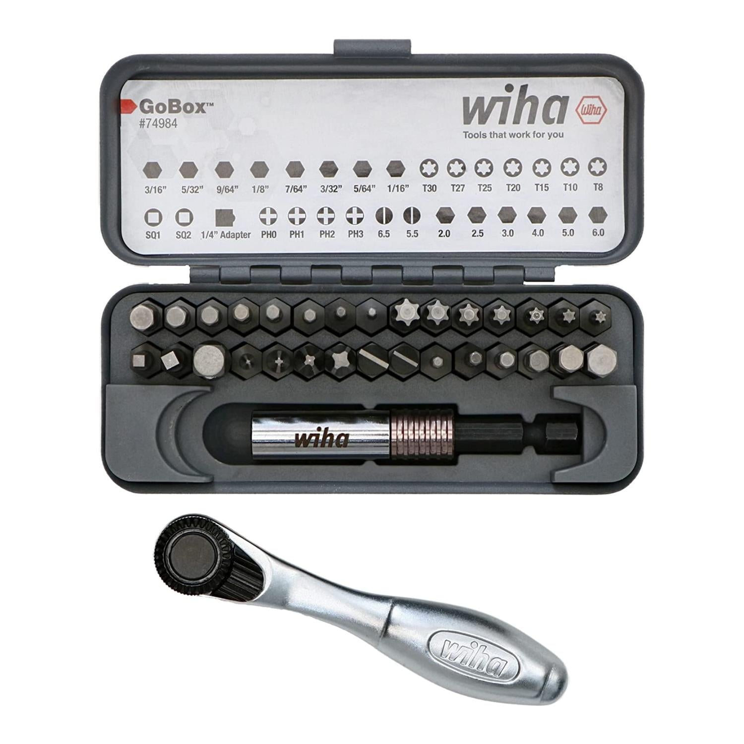 Wiha Tools 74984 Standard Bit GoBox Set with Mini Ratchet, 32 Pc