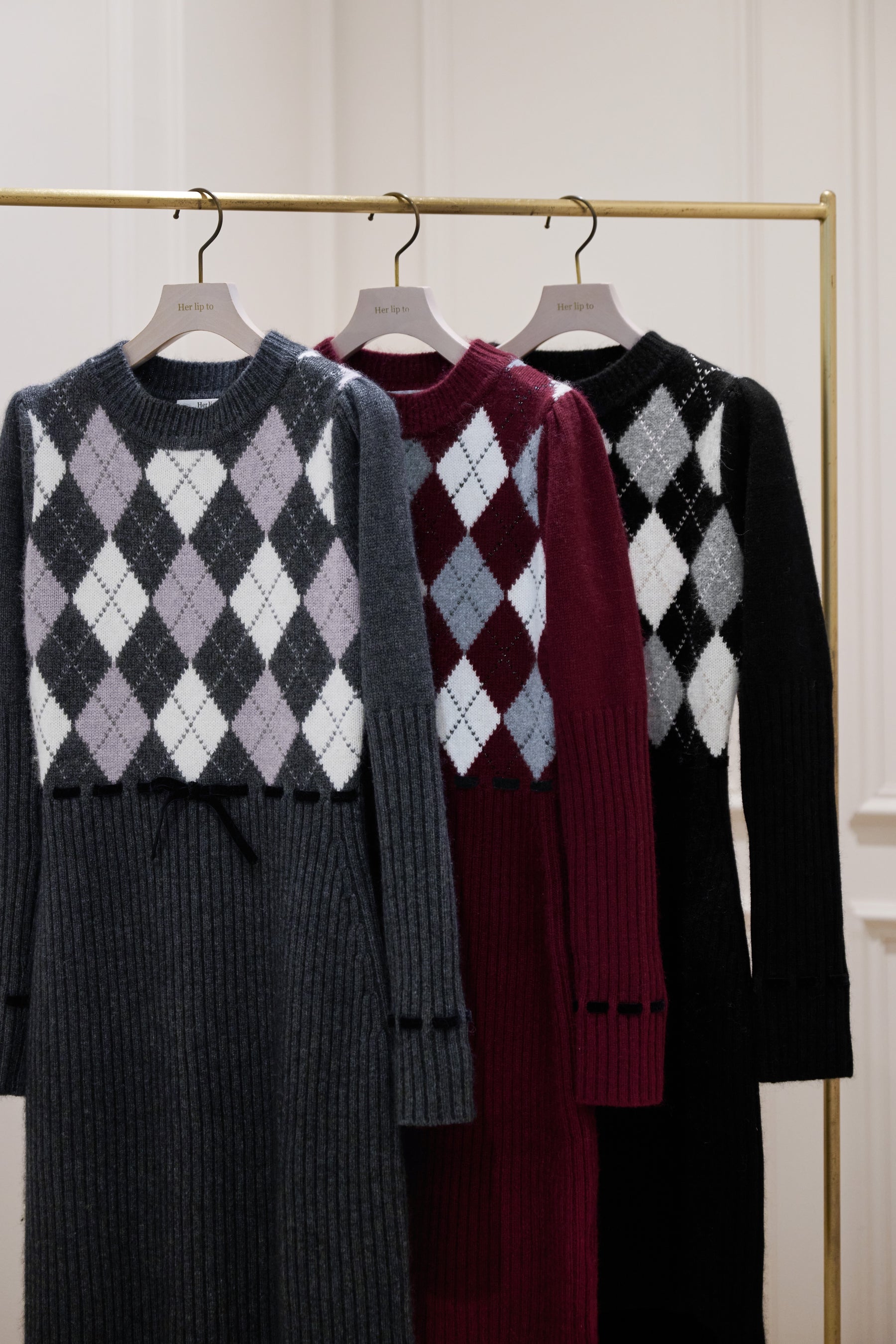 New Color]Moor Argyle Ribbon Knit Dress