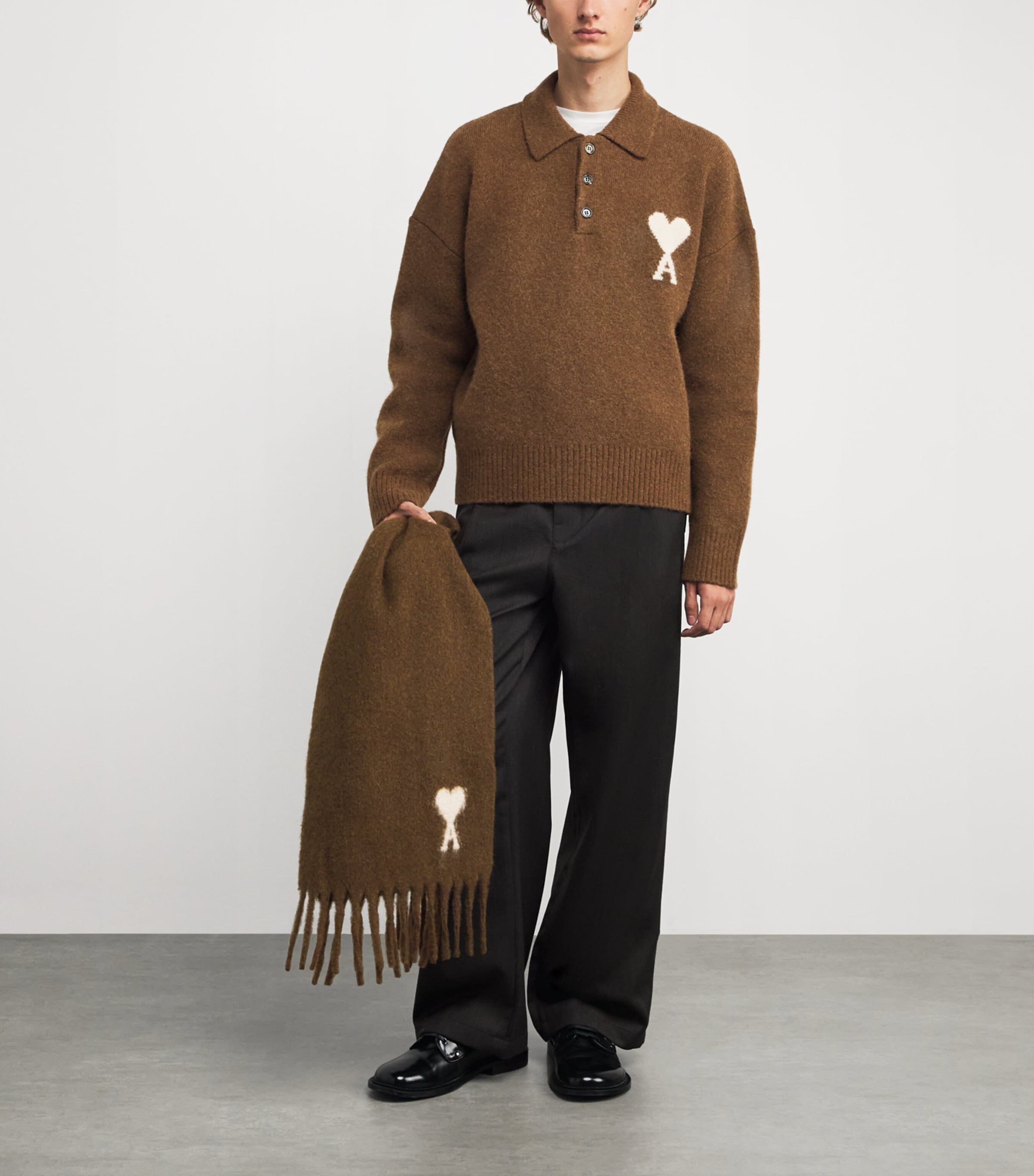 AMI Paris Brown Alpaca-Blend Polo Sweater | Harrods US