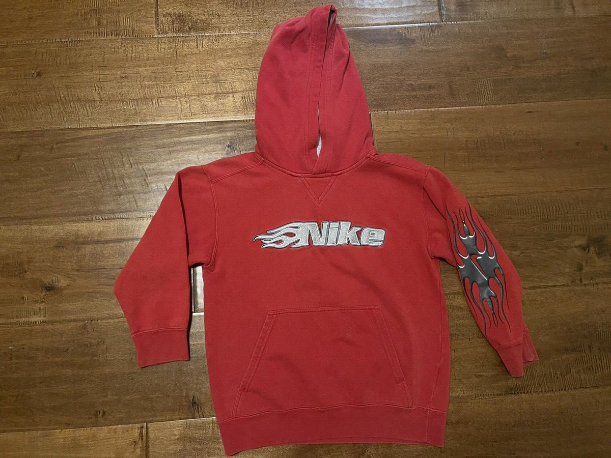 Vintage Y2K Nike Flame Fire Sleeve Red Pullover Hoodie Sweatshirt