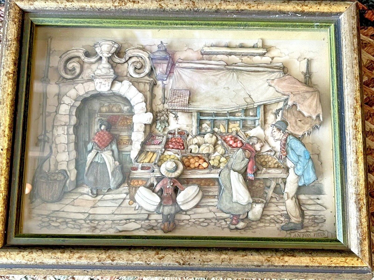 ANTON PIECK Market Days 3D Framed Shadow Box Picture 1966 D.A.C.