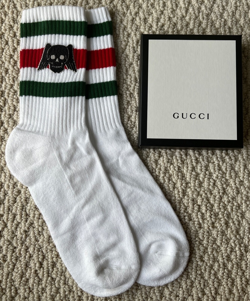 NIB Gucci Embroidered Winged Skull Green Red Web White Crew Socks