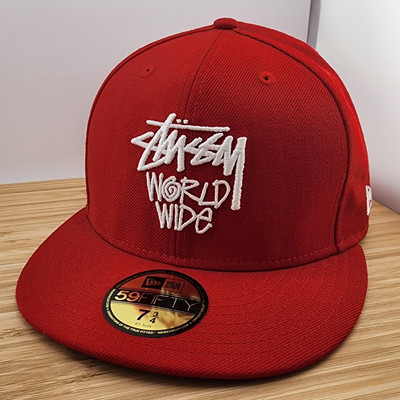 VTG Stussy World Wide Fitted Hat, Red Cap, 100% Wool, New Era 5950