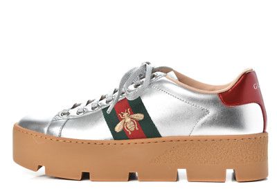 Gucci Z3172 Women's Ace Silver Embroidered Platform Sneaker Size