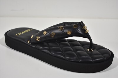 Chanel 23P Black Quilted Charms Padded Pool Thong Logo Slide Mule