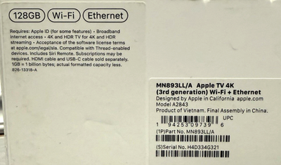 Apple TV 4K 3rd Gen. 128GB Media Streamer - Black, Wi-Fi +