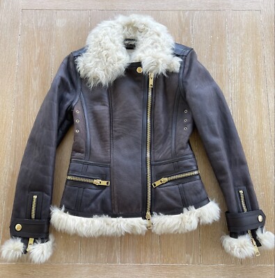 Burberry Brit Brown Shearling Lined Motorcycle Black Leather