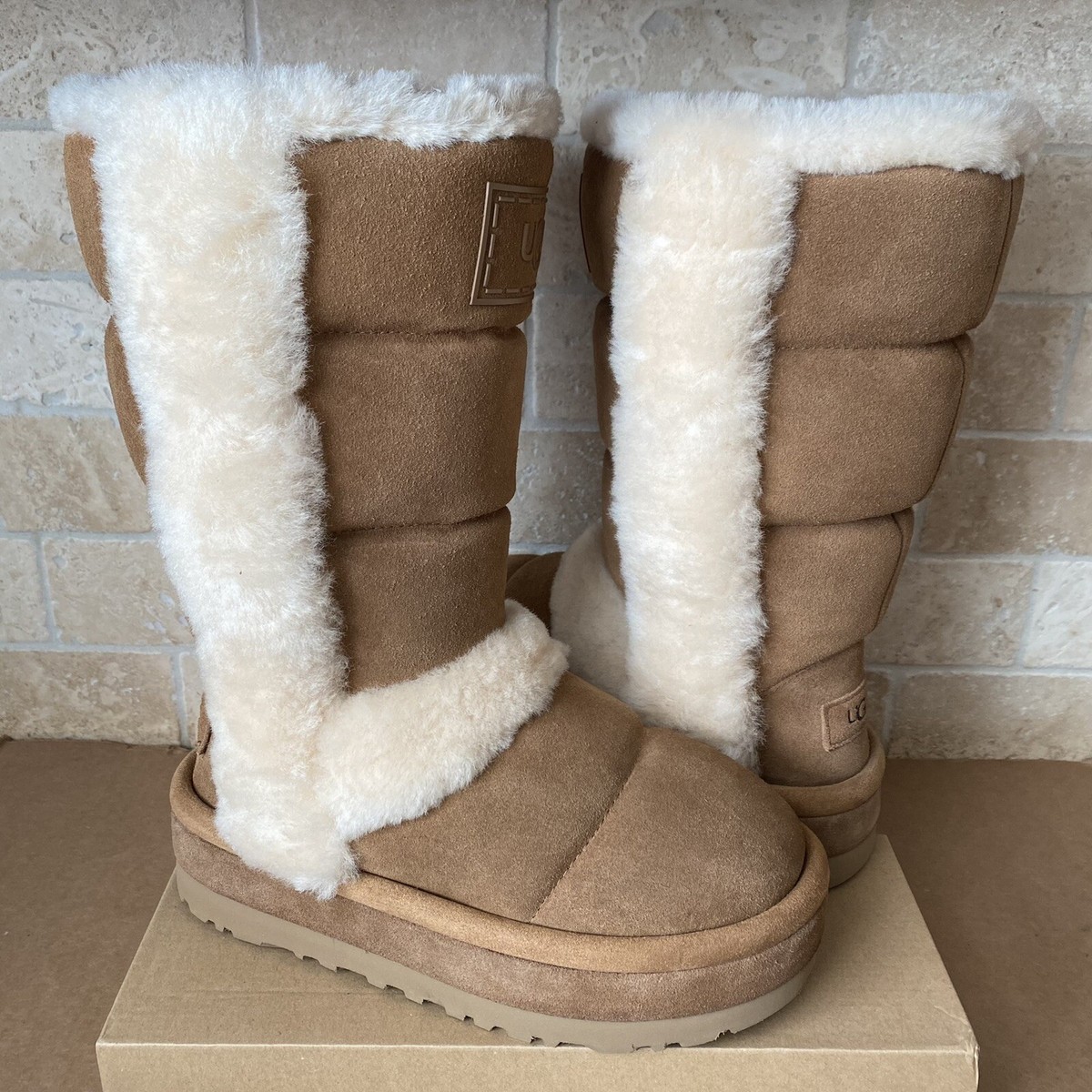 UGG CLASSIC CHILLAPEAK TALL CHESTNUT SUEDE FUR PLATFORM BOOTS
