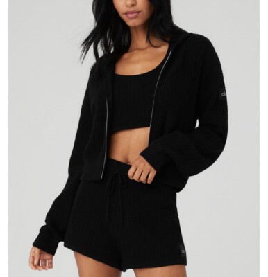 Alo Yoga Cashmere Plush Waffle Full Zip Hoodie - Black / Small | eBay