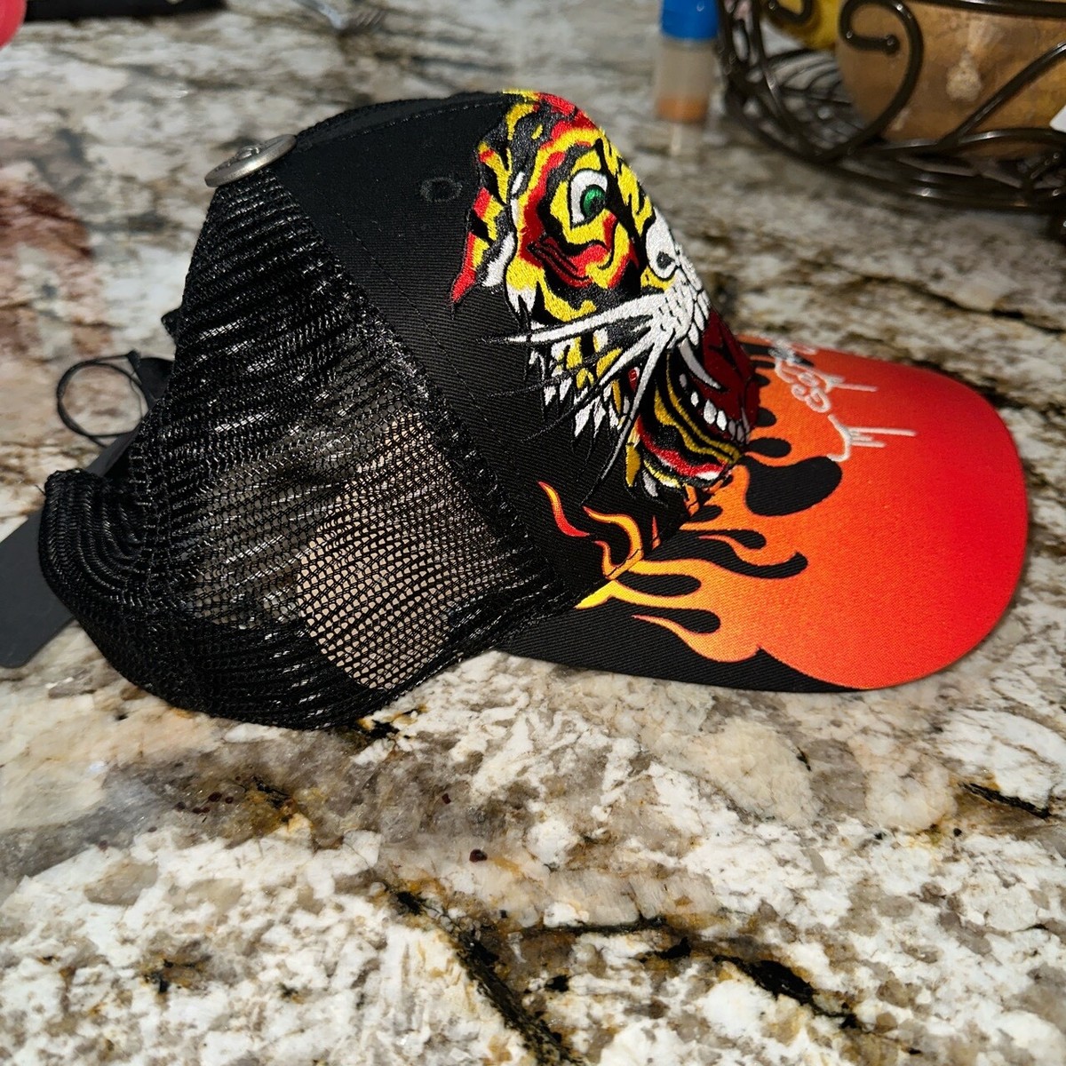 Ed Hardy Men's Tiger Fire Flames Trucker Hat Black Mesh Snapback