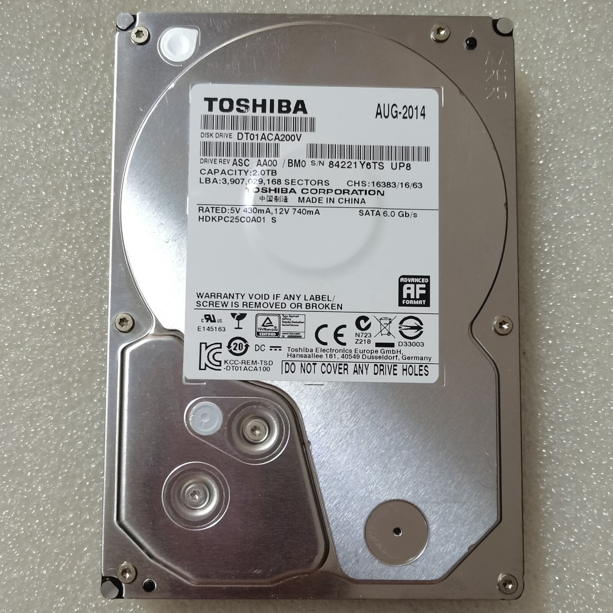 Toshiba 2TB DT01ACA200 V 7200RPM 6Gb/s 64MB SATA3 3.5