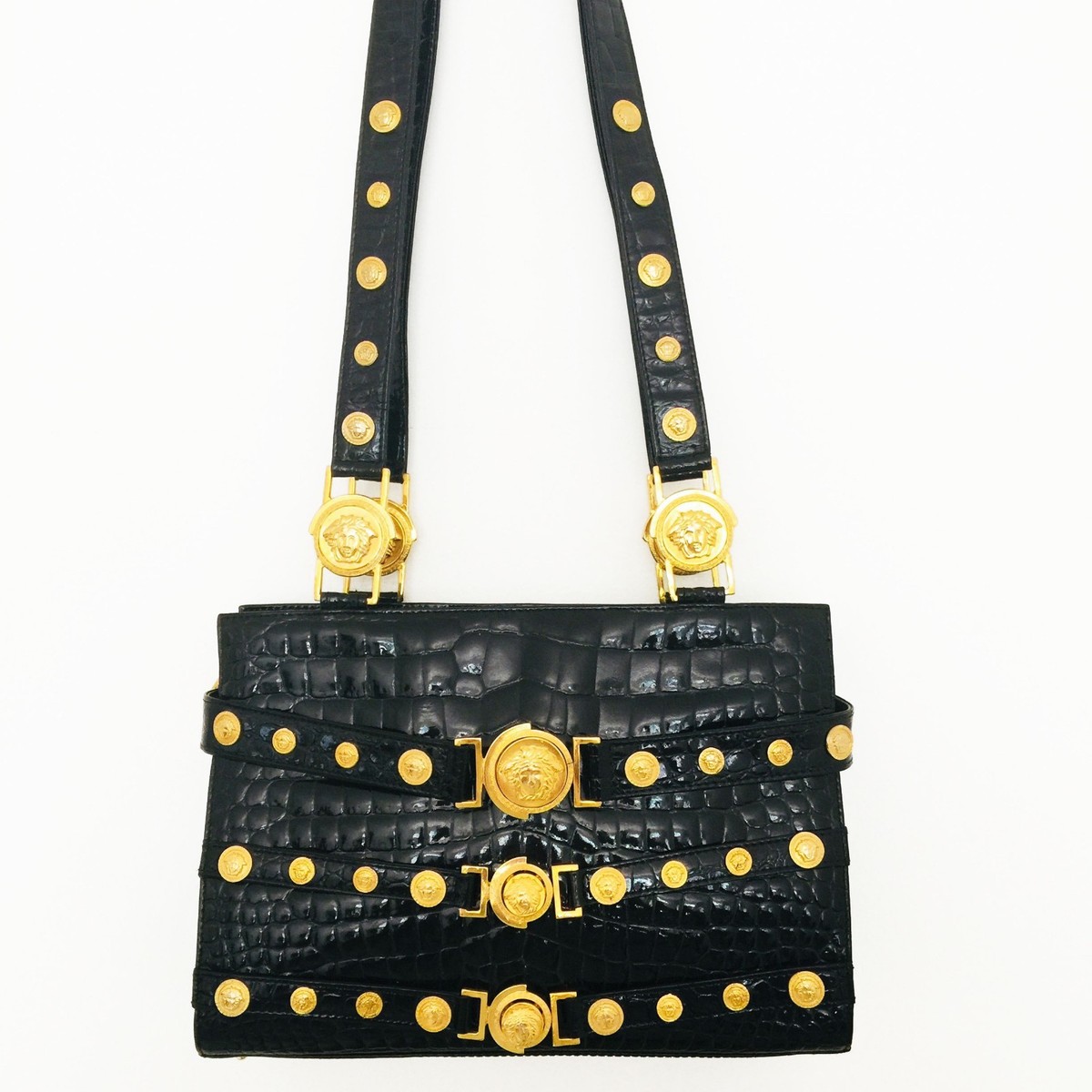 GIANNI VERSACE black shoulder bag w/ Medusa medallions Bondage