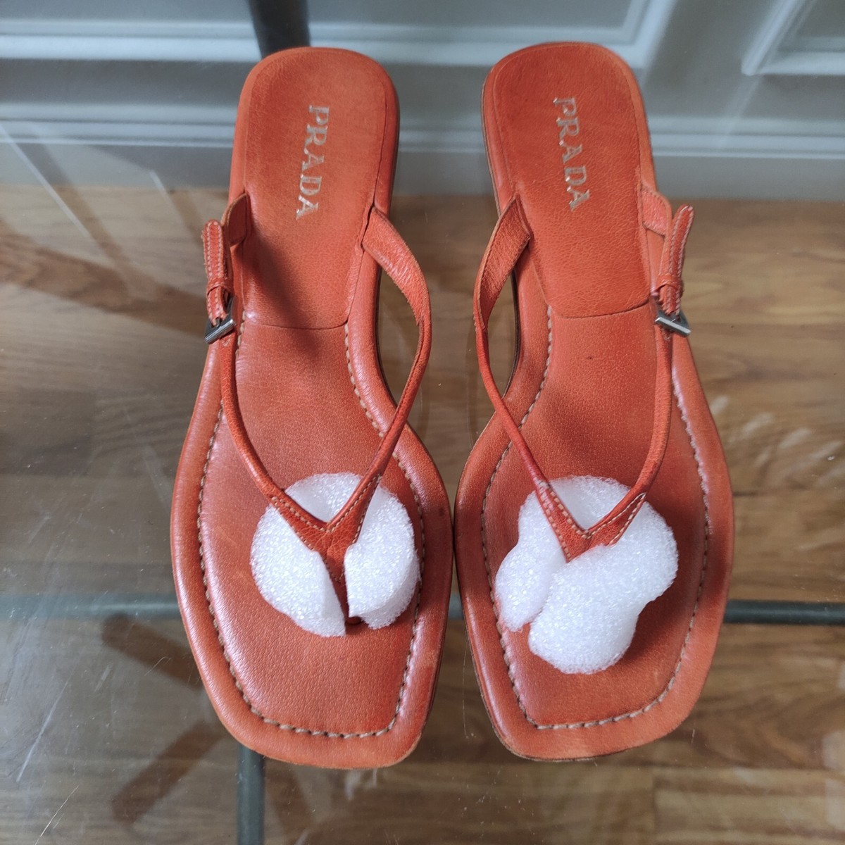 Prada Orange Thong Sandals Square Toe Leather Women's 39 | eBay