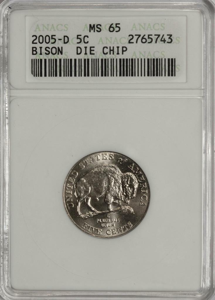 2005 D ANACS MS65 Two Horned Bison Die Chip Nickel Mint Error Very