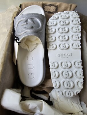 GUCCI Glitter Silver Rubber GG Logo Slides Platform Mules Sandals