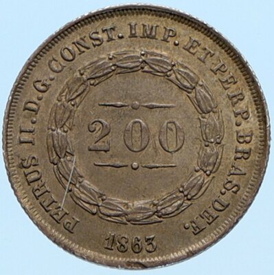 1863 BRAZIL King Dom Pedro II Antique Brazilian OLD Silver 200