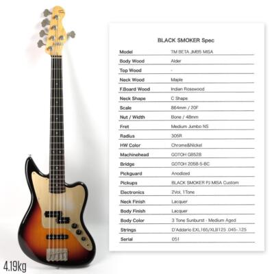 Electric Bass Guitar Black Smoker TM Beta JMB5 Misa Sunburst Maple