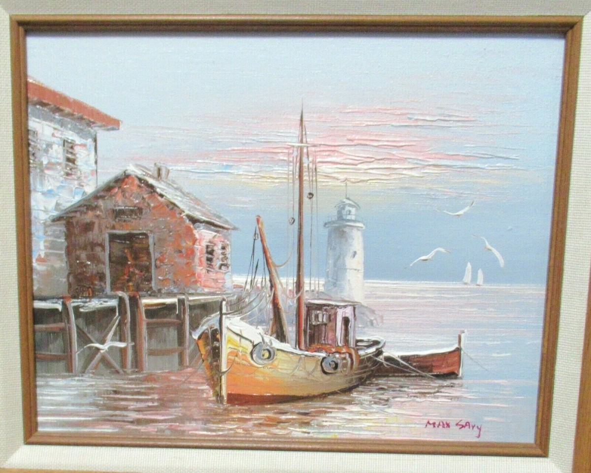 MAX SAVY FISHING BOAT AT DOCK LIGHTHOUSE ORIGINAL OIL ON CANVAS