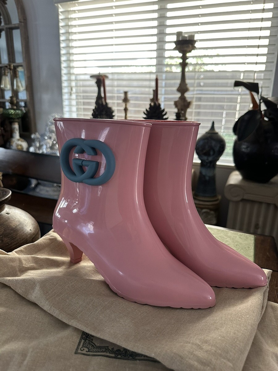 New Authentic Gucci Interlocking GG Logo Rubber Boots Pink Size 38