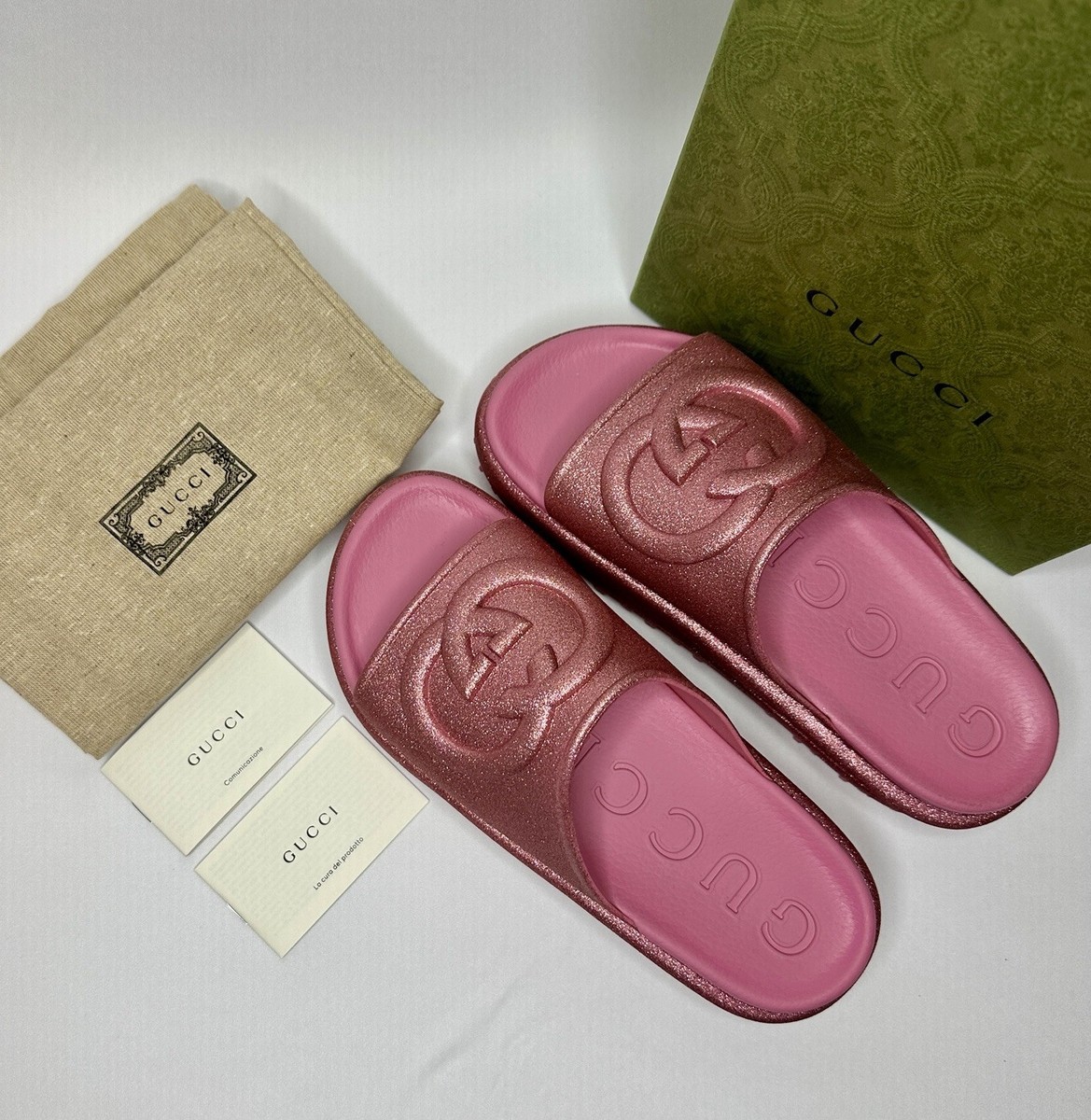Size 37 - NEW GUCCI Glitter Pink Rubber GG Logo Slides Platform