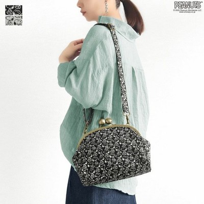 Peanuts Snoopy Shoulder Bag Metal Clasp Jacguard BLACK Japan