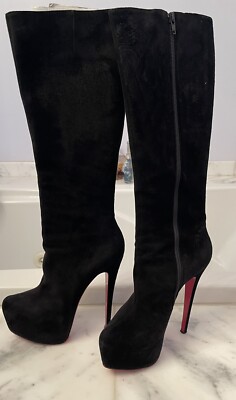 CHRISTIAN LOUBOUTIN Black Suede Daffodil Knee High Boots 160mm