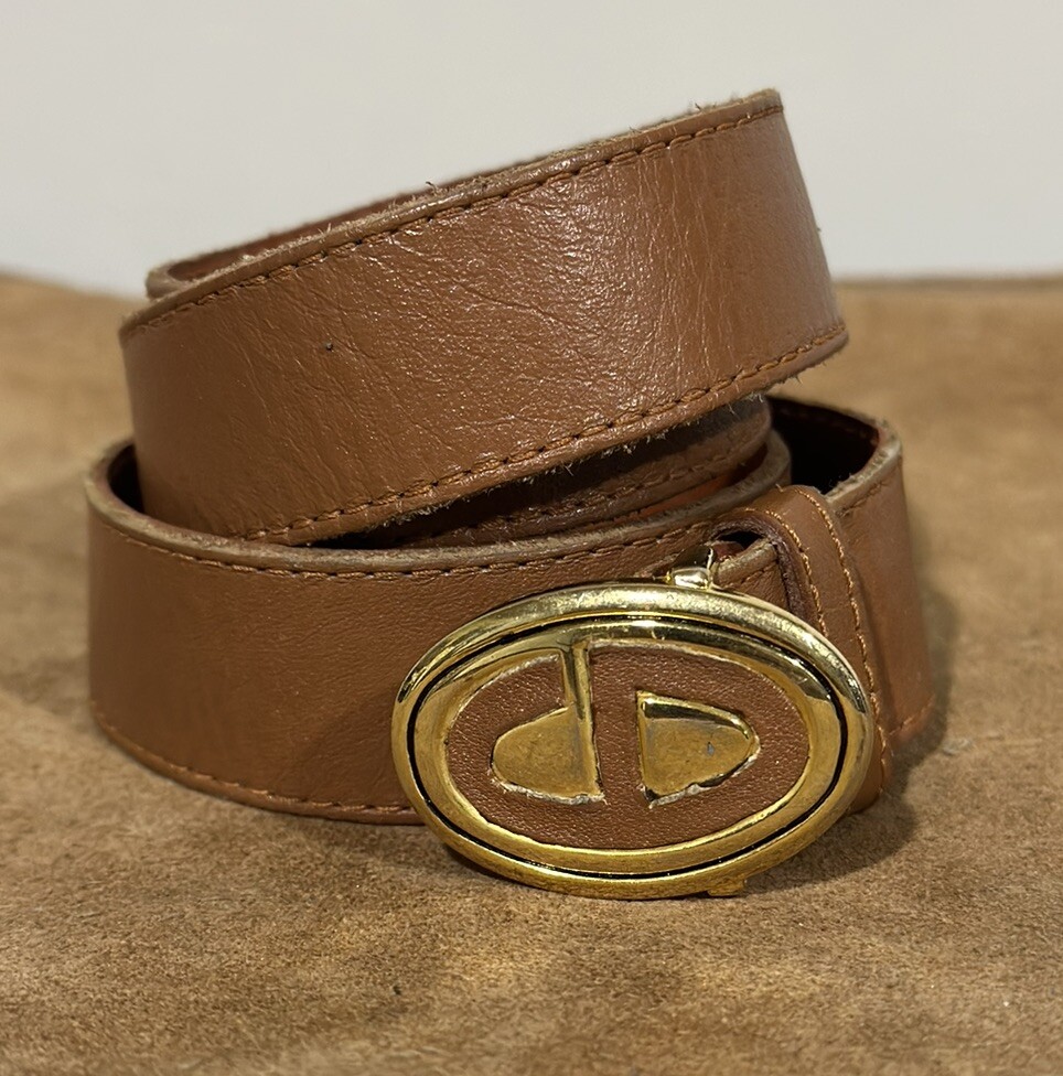 VTG CHRISTIAN DIOR CD Gold Logo Reversible Buckle Dress Brown