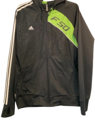 Adidas F50 Mens Sz L Hooded Black Green Zipped Thumb Holes Track